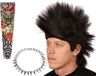 Merkloos Carnaval verkleed set heren punker - hanekam pruik zwart - spikes ketting zilver - tattoo sleeves tiger tribal
