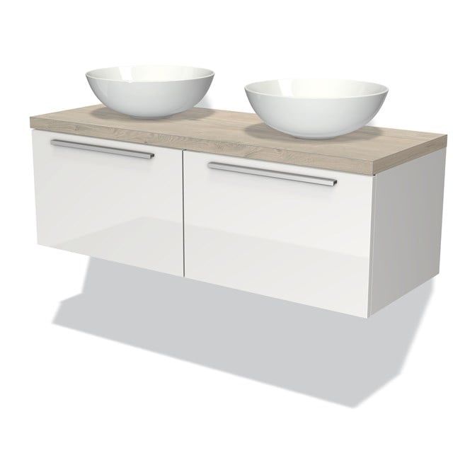 Maxaro Badkamermeubel Modulo Plato 120cm Hoogglans Wit 2 Lades Vlak Lichtgrijs Eiken Blad