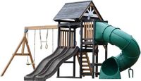 AXI Cody Speeltoestel met Schommels, Trapeze en Klimwand – Grijze Dubbele Glijbaan – Met Buisglijbaan - Met Picknickbank - FSC 100% hout – Speeltoren voor de tuin / buiten