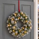 Couronne de Noël givrée - D45 cm - avec éclairage - avec suspension de porte rouge - 29,5 cm