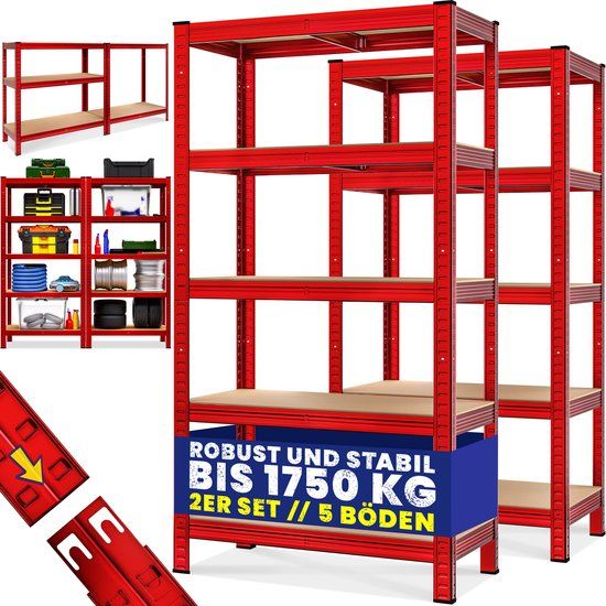 Monzana Stellingkast Set van 2 - 180x90x40cm Belastbaar tot 1750kg - Rood