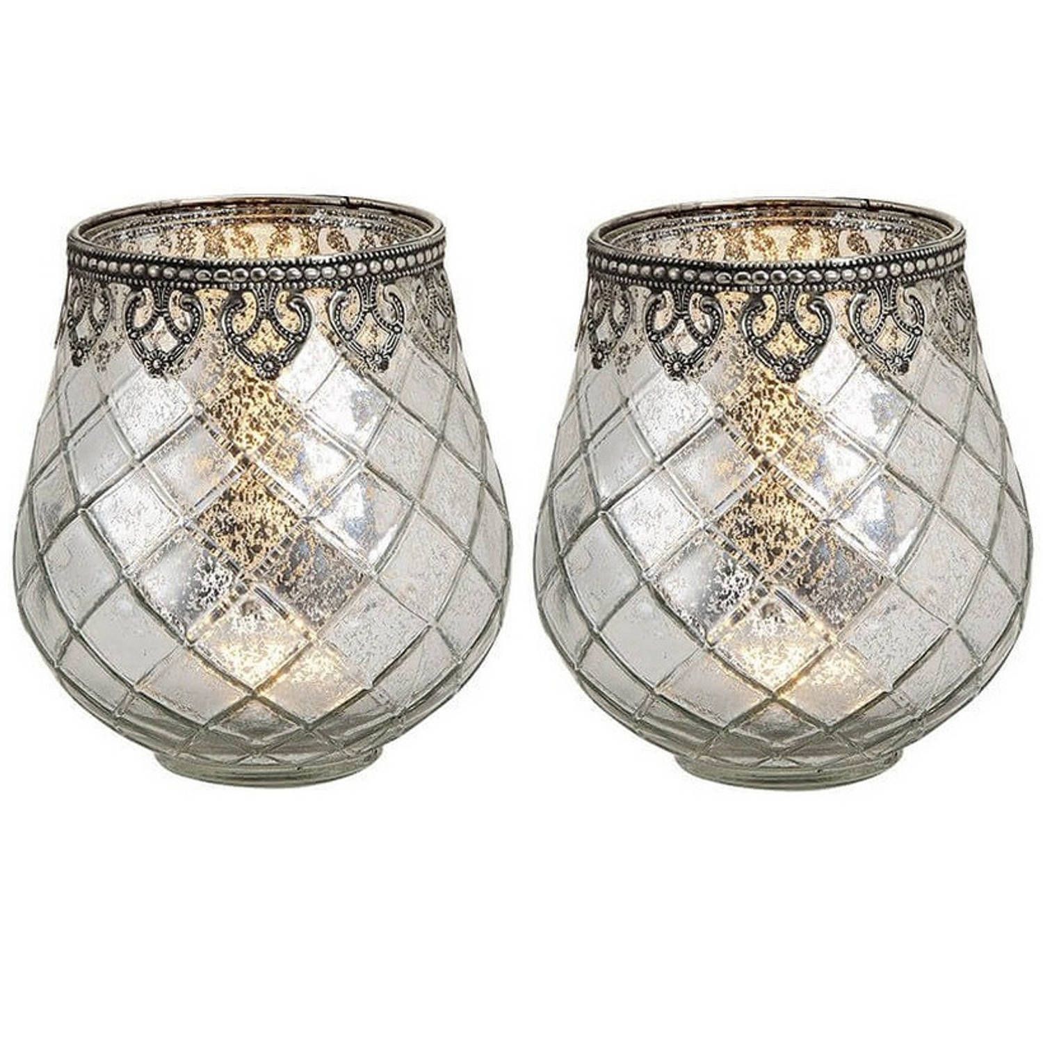 Waxinelicht/theelicht houders windlichten antiek zilver 14 x 13 cm metaal/glas - 8720276702911