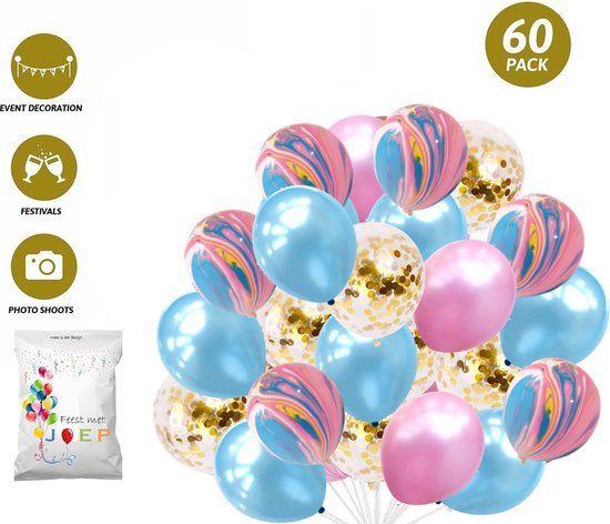 FeestmetJoep® 60 stuks ballonnen Roze & Blauw - Verjaardag Versiering - Blauw & Roze marmer