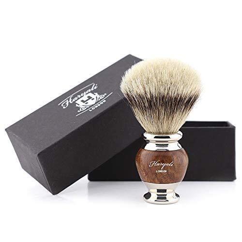 Haryali London Heren Scheerborstel met Zilveren Tip Badger Haar Borstelharen Hout & Mental Handvat voor Baard & Snor Gezichtshaar Perfect Scheren Kerstcadeau