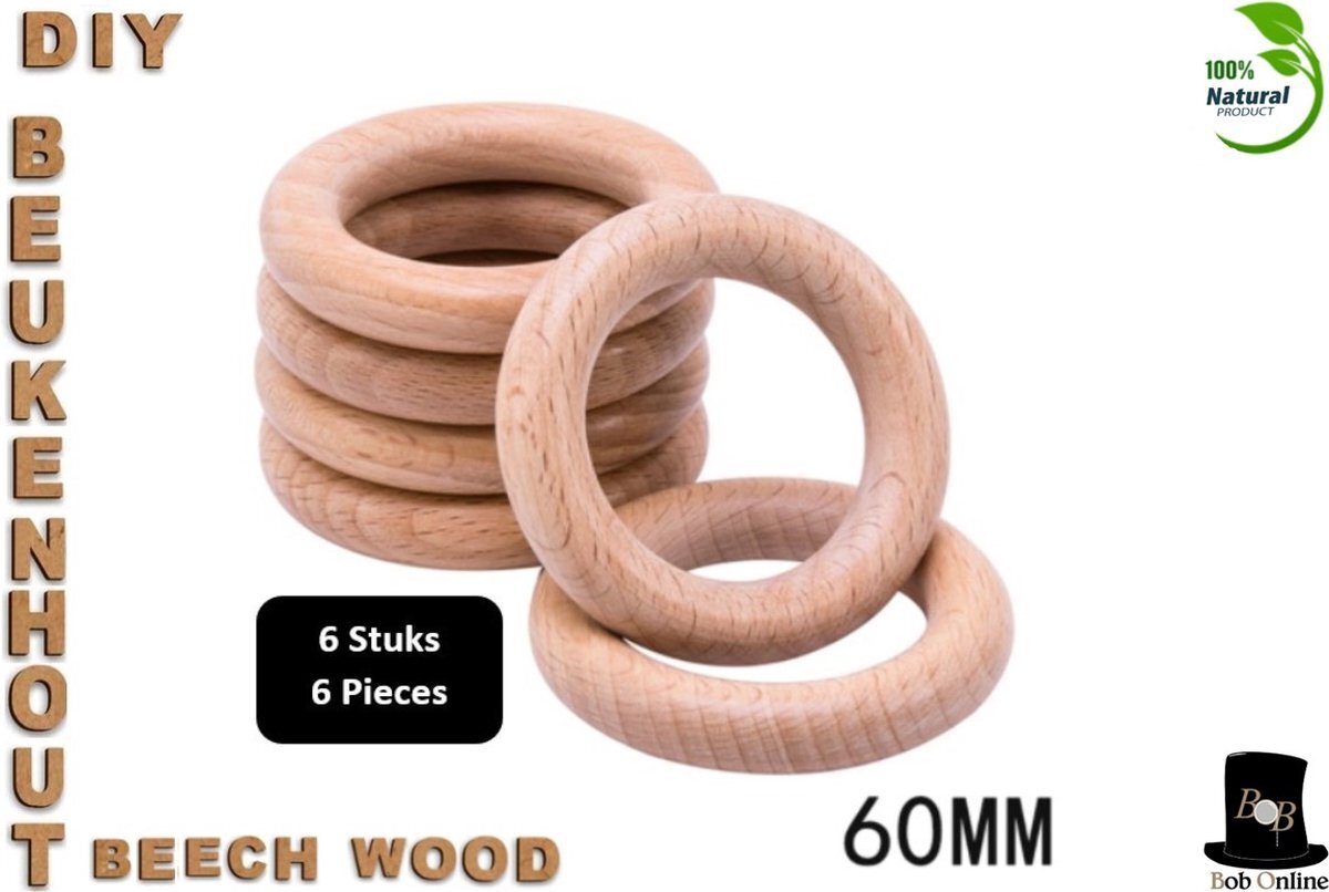 Bob Online ™ – 6 Stuks - 60mm Beukenhout Ringen – 60mm DIY Houten Ringen – DIY Beech Wood Rings – Houten Ringen – Voor knutselen, doe-het-zelf Handwerk, Sieraden Maken, Houten Ring, Plantenhanger, Decoratie Ringen – Servetringen