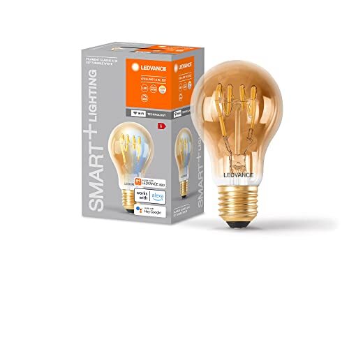 Ledvance SMART+ WIFI LED lamp, goud getint, 6W, 470lm, klassieke lampvorm met E27 voet, verstelbaar wit licht (2200-5000K) dimbaar, app of spraakbediening, 15.000 uur levensduur