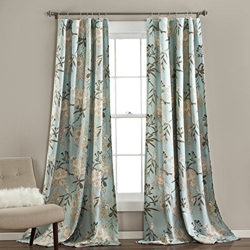Lush Decor Botanische tuingordijnen, bloemen-vogelprint, lichtfiltering, raamgordijnset voor woonkamer, eetkamer, slaapkamer, 1 paar, blauw, 132 cm b x 213 cm L
