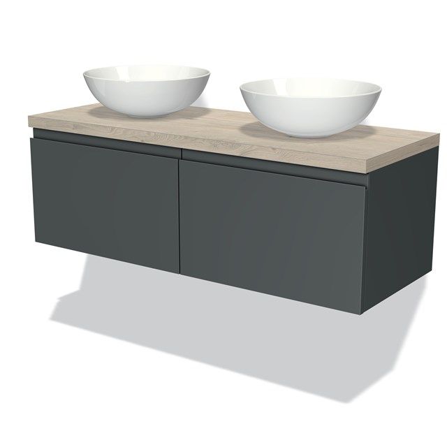 Maxaro Badkamermeubel Modulo Plato 120cm Donkergrijs 2 Lades Greeploos Lichtgrijs Eiken Blad