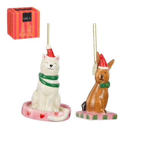 Mica Decorations kerstornament cadeau set - kat - konijntje (2 stuks)