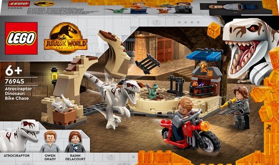 lego Jurassic World Atrociraptor dinosaurus motorachtervolging 76945