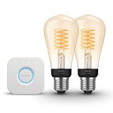 Philips Hue Starterspakket - E27 - met 2 Filament Edisonlampen Klein (ST64) - Warmwit Licht - Incl. 1 Hue Bridge - Hue White Filament