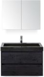 BES LED Dante Badmeubelset 80 cm - Black Oak - Wastafel Hardsteen Wit Lucca met Spiegelkast