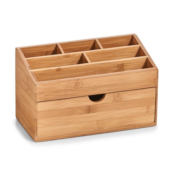 Zeller Bamboo Desk Organizer with Drawer - 6 Compartments - Wood Color - 25x12x15cm