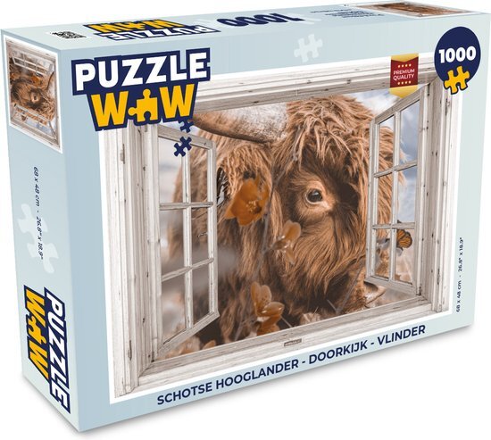 MuchoWow Puzzel Schotse hooglander - Doorkijk - Vlinder - Legpuzzel - Puzzel 1000 stukjes volwassenen