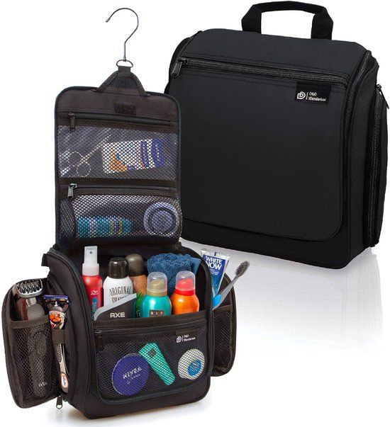 D&D Wanderlust Toilettas met Haak - Ophangbare Luxe Travel Organizer met 10 vakken - Zwart - Unisex Dames & Heren - 6 liter inhoud - Reis Toilettas Hangend Groot - Make up Tasje