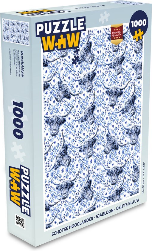 MuchoWow Puzzel Schotse hooglander - Sjabloon - Delfts blauw - Legpuzzel - Puzzel 1000 stukjes volwassenen