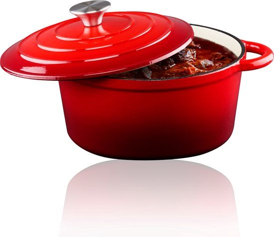 alpina Braadpan Gietijzer met Deksel - Bakpan ⌀ 24 cm - Alle Warmtebronnen - Rood
