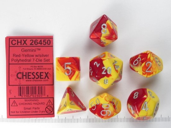 Chessex dobbelstenen set 7 polydice Gemini red-yellow w/silver