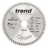 Trend Wood cirkelzaagblad, 216 mm diameter, 30 mm boring, 60 tanden, 2,4 mm snijvoeg, +15° haak, TCT, extra fijn oppervlak, CSB/21660