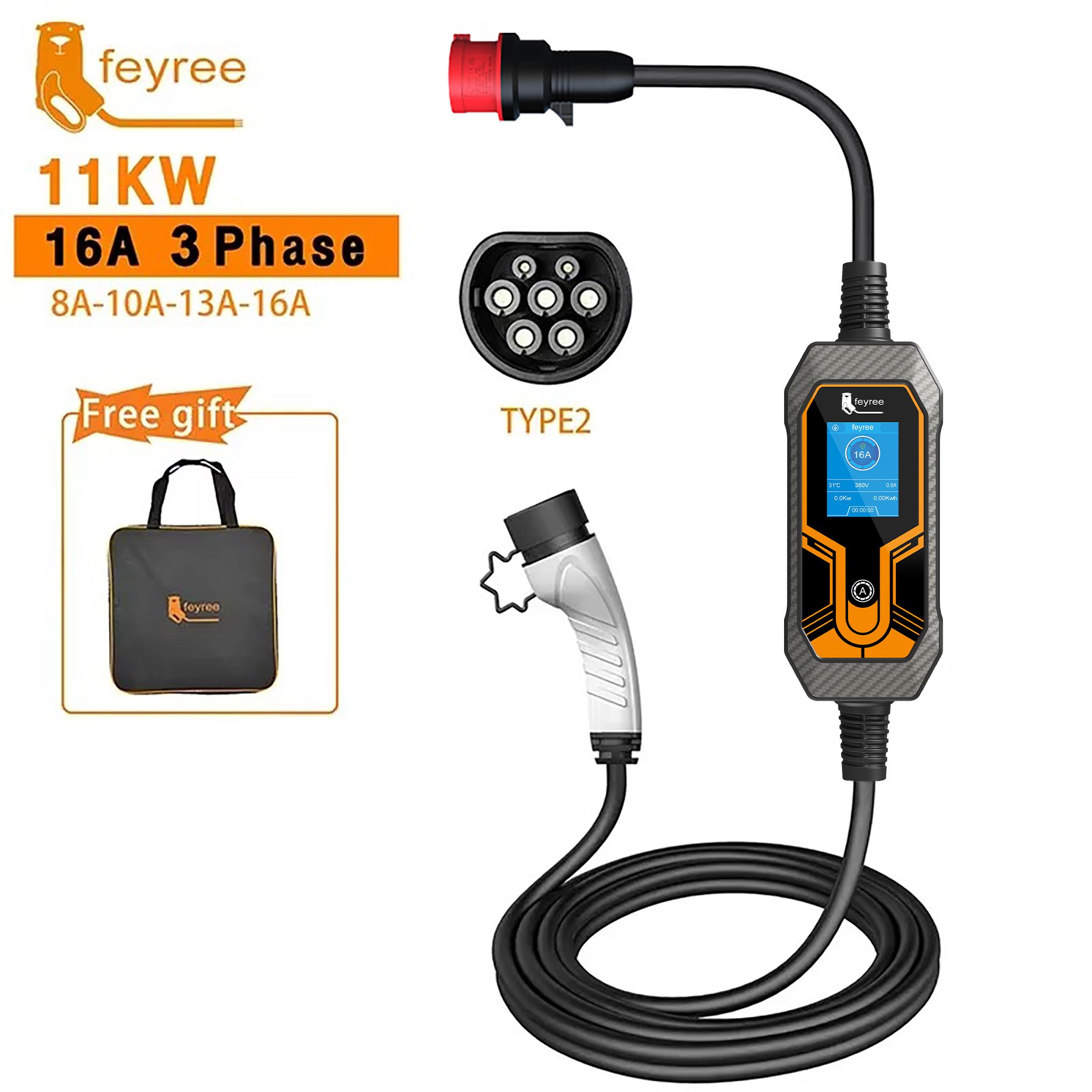 Feyree 11KW 16A EV Draagbare Oplader Type2 EVSE Oplaaddoos Elektrische Autolader CEE Plug IEC62196-2