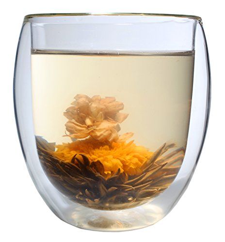 Feelino XXL 400 ml dubbelwandig thermo-glas "Ice-Bloom" incl. theebloem, extra groot theeglas/koffiereservoir met zweefeffect - ook als leuk cadeau in een mooie doos