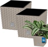KOTARBAU® Vierkante Bloempot met Inzetpot - Vierkante Plantenbak 22x22 cm 2 Stuks - Plantenpot 9,8 L - Plantenbak - Kunststof - Rotanlook - Mokka