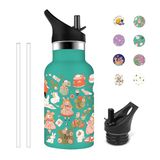 Grsta Drinkfles voor kinderen, 350 ml, thermosfles, personaliseerbaar, BPA-vrij, drinkfles met rietje, gemakkelijk te dragen, thermofles voor meisjes, voor school, camping, kantoor, groen