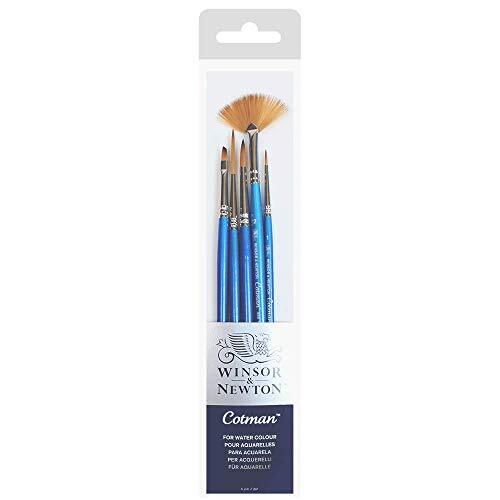 Winsor & Newton Cotman Aquarel Synthetische Borstels, Korte Handvat, Verpakking van 5 (1 en 5 Ronde, 1 Rigger ,2 Ventilator, 3 mm Hoek)