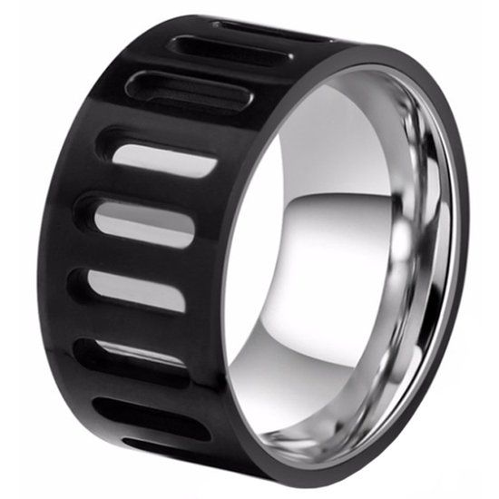 Mendes Heren Ring Edelstaal Zwart met Zilver - 19mm