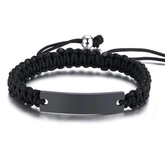 TJ Tom Jaxon Tom Jaxon Heren armband Gevlochten Touw Graveerplaat Zwart Verstelbaar