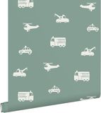 ESTAhome Vliesbehang met voertuigen print voor jongenskamer, vergrijsd blauw, 53 cm x 10.05 m