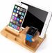 DrPhone SmartHold – Support 4 en 1 avec 4 ports USB – Support design en bambou – Compatible smartphones/montre intelligente iOS 38/40/41/42/44/45mm/tablette/stylet – Marron clair