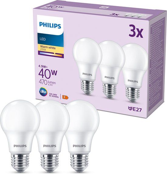 Philips LED Lamp - 40W Equivalent - E27 - Warm White - 3 Pack