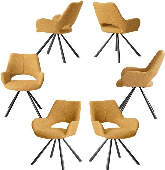 MEUBLE COSY Set van 6 eetkamerstoelen met rugleuning en armleuningen, gestoffeerde zitting in gele stof, 58,5 x 59 x 81 cm