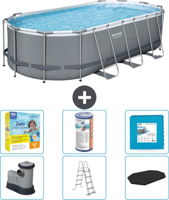 Bestway Ovaal Power Steel Zwembad - 549 x 274 x 122 cm - Grijs - Compleet met Accessoires