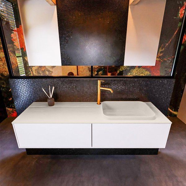 Mondiaz ERIN 150cm badmeubelset Talc met 2 lades en Linen wastafel RIDGE rechts
