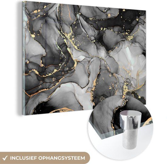 MuchoWow® Glass Painting 120x80 cm - Acrylic Glass Painting - Marble - Black - Gold - Gray - Photo on Glass - Paintings