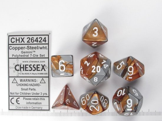 Chessex dobbelstenen set 7 polydice Gemini copper-steel w/white