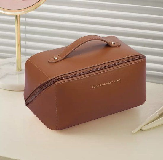 Make-up Tas Bruin + Beauty Blender Spons - Kunstleer - 1L - Unisex