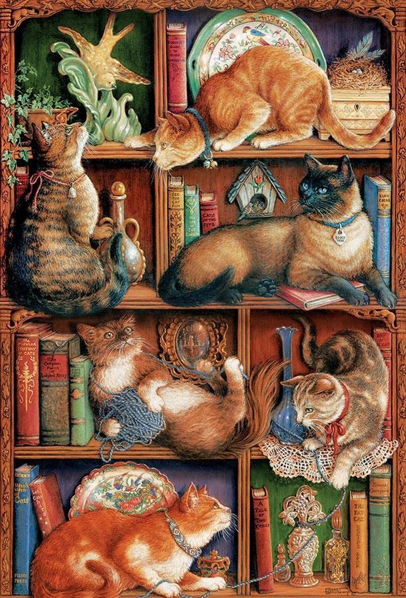 Cobble Hill Feline Bookcase 2000 art by Janet Kruskamp