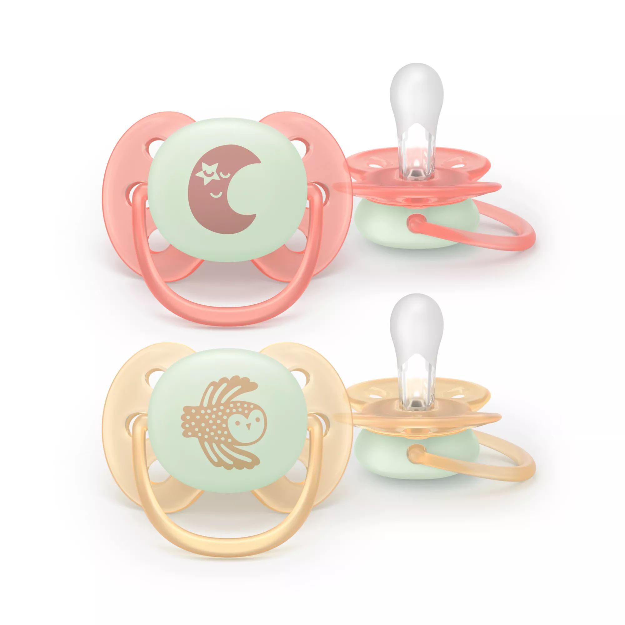 Philips AVENT Ultra Soft Nighttime Pacifier, 0-6 Months, Pink/Yellow, 2 Pack