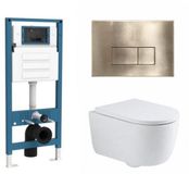 QeramiQ Dely Swirl Toiletset - inbouwreservoir Qeramiq Flush - 35mm zitting - metaal messing geborstelde bedieningsplaat - rechthoekige knoppen - glans wit