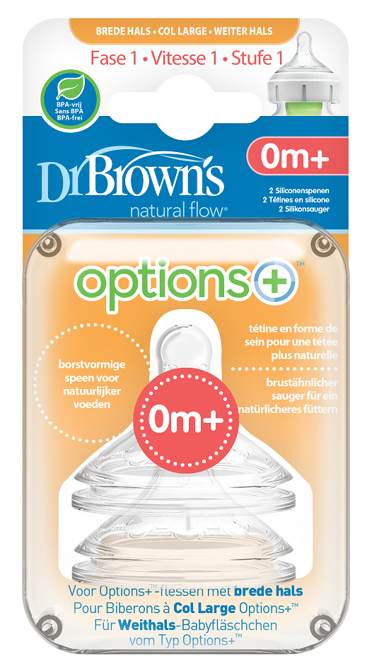 Dr. Browns Options+ Anti-Colic Brede Halsfles speen Fase 1 transparant