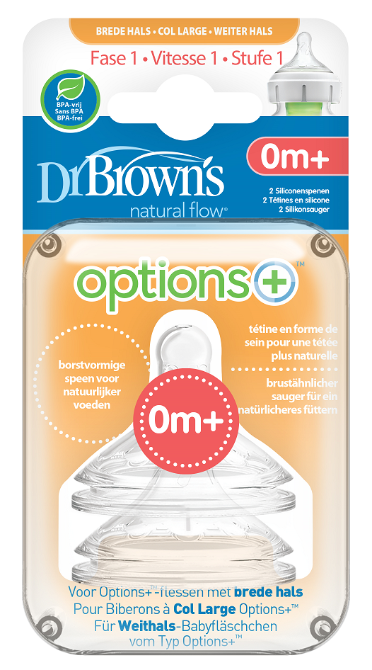Dr. Brown's Options+ Anti-Colic Brede Halsfles Speen Fase 1 - Transparant - 2 Stuks
