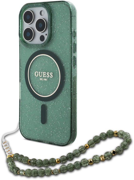 Guess MagSafe IML Glitter Case met beads strap geschikt voor iPhone 16 Pro - Green