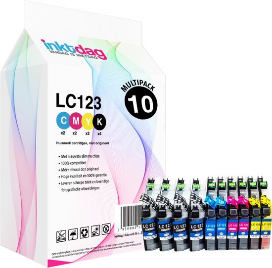 inktdag Huismerk Brother LC123 Inktcartridges Multipack van 10 Stuks 4 LC123BK zwart 2 LC123C cyaan 2 LC123M magenta 2 LC123Y geel