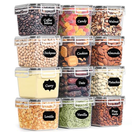 GoMaihe Opbergdoos voor keuken, 0,8 l, 12 stuks, luchtdicht, met deksel, opbergdoos van kunststof, BPA-vrij, voor granen, meel, suiker, pasta, noten