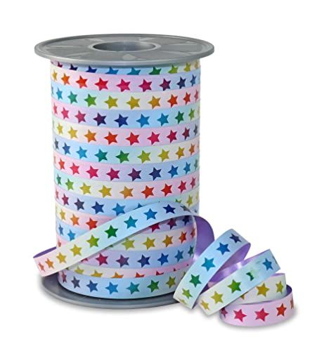 PRÄSENT RAINBOW Ringelband sterren pastel, 200 m cadeaulint om te verpakken en te decoreren, 10 mm breed, decoratielint in regenboogkleuren, licht krullbaar