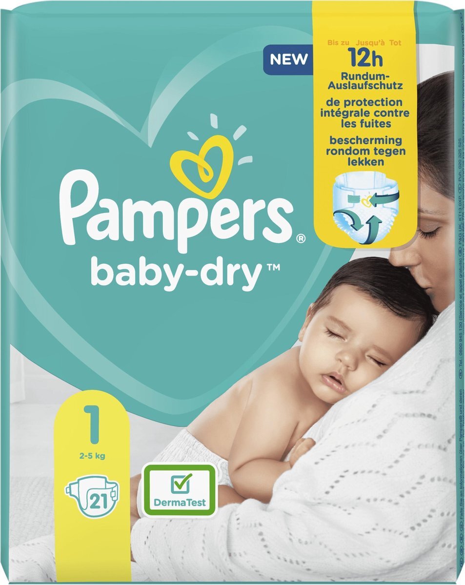 Pampers Baby-Dry Maat 1, 21 Luiers, Tot 12 Uur Bescherming, 2-5kg wit