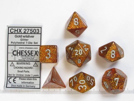 Chessex dobbelstenen set 7 polydice Glitter Gold w/silver